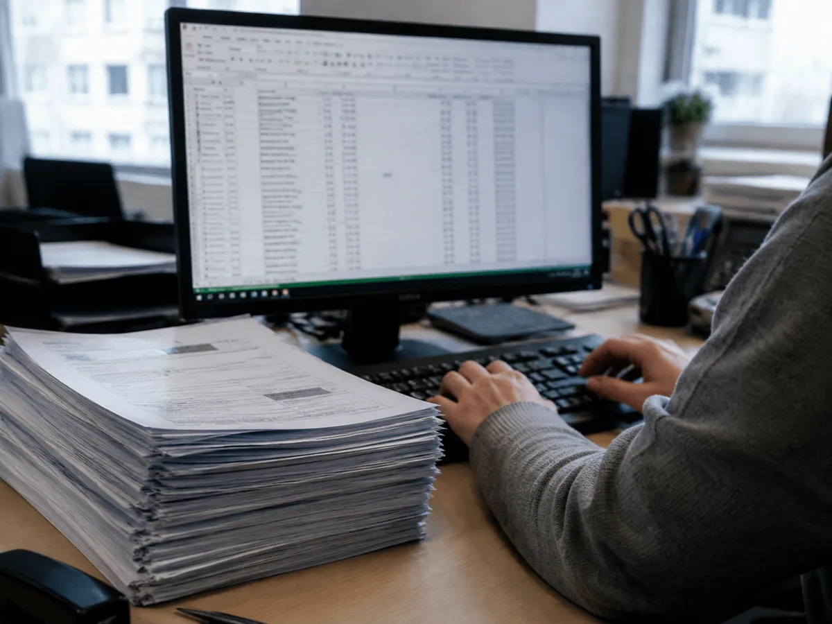 Mitarbeiter überträgt Rechnungsdaten von Hand in eine Tabelle - genau die Fleißarbeit, die KI-Automatisierung ersetzt