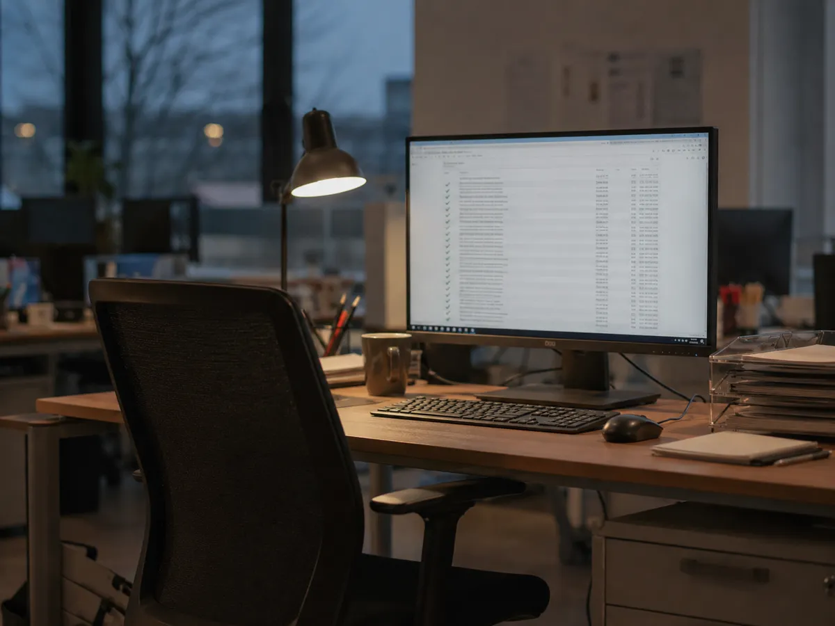 Leerer Arbeitsplatz am Abend, während der Bildschirm die automatisch ins CRM übertragenen Anfragen zeigt