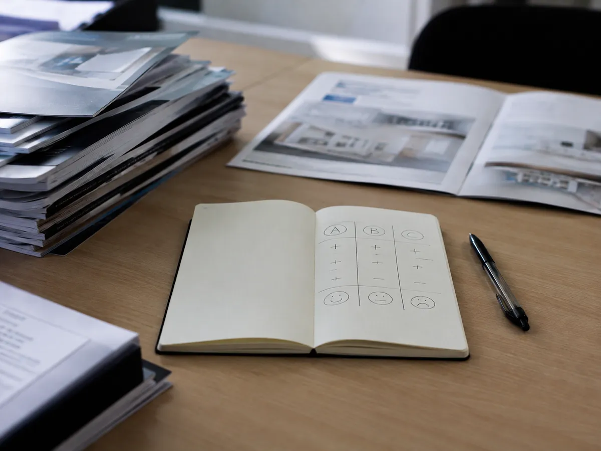 Stapel Anbieterprospekte beiseitegeschoben, davor ein Notizbuch mit handschriftlichem Vergleich dreier Optionen
