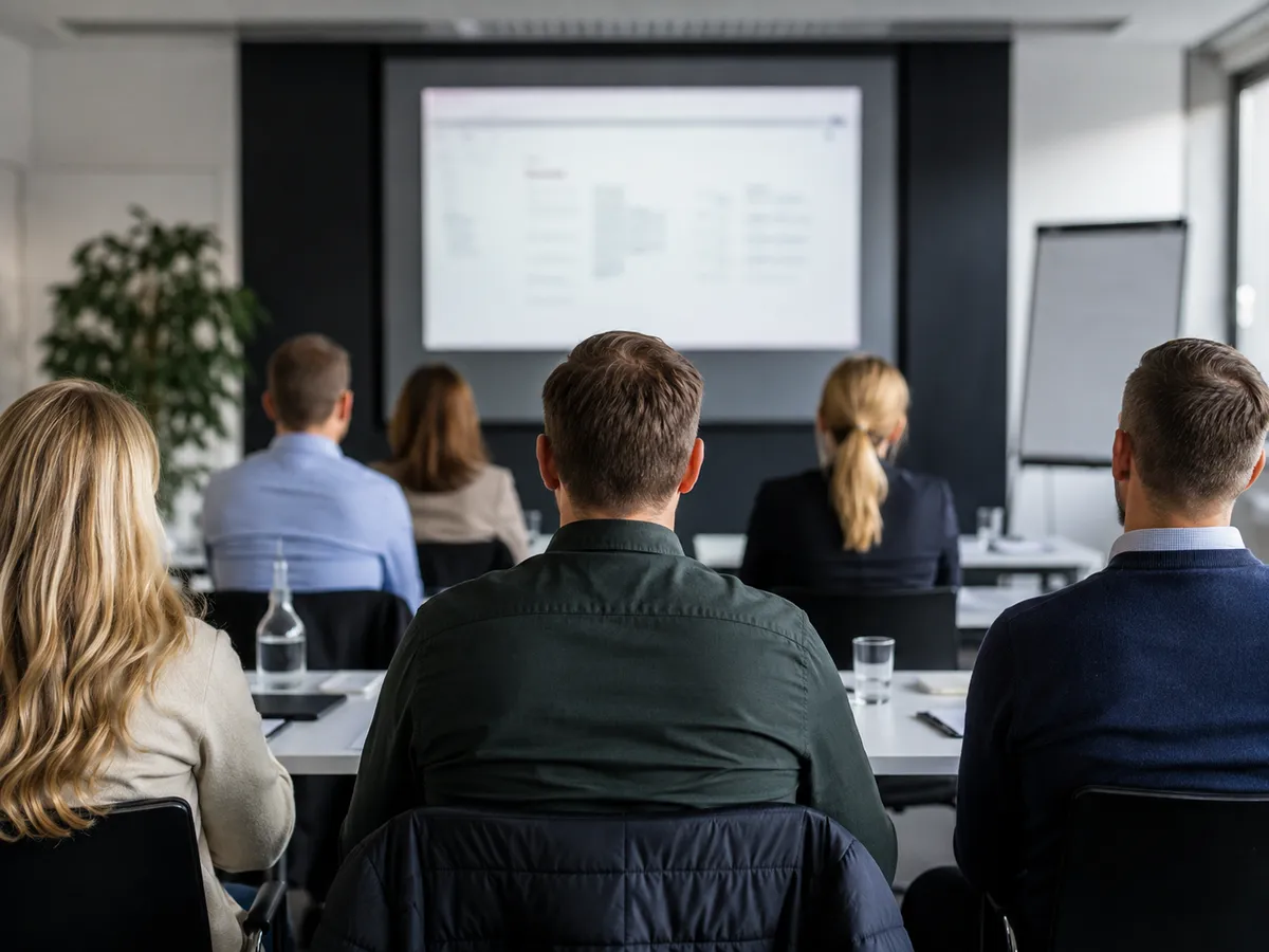Team im Seminarraum verfolgt gemeinsam eine KI-Schulung an der Leinwand