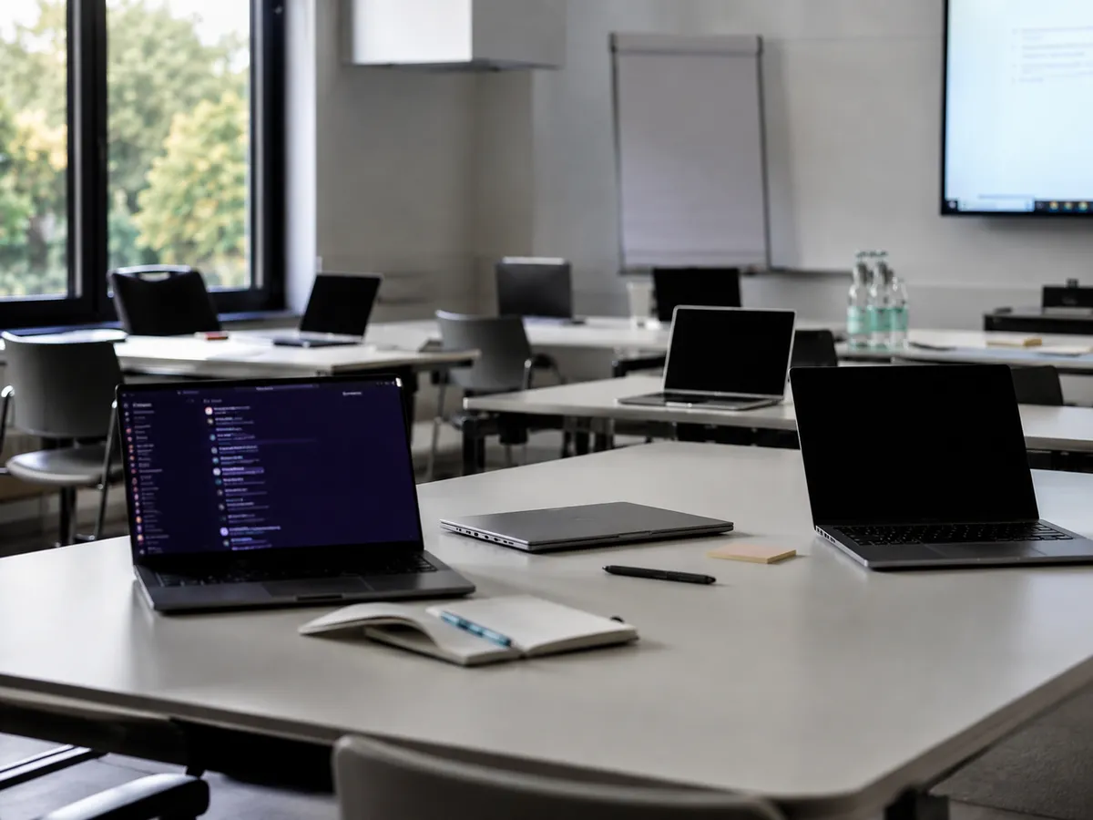 Ungenutzte Laptops in einem leeren Schulungsraum - KI-Werkzeuge, die im Team niemand anwendet