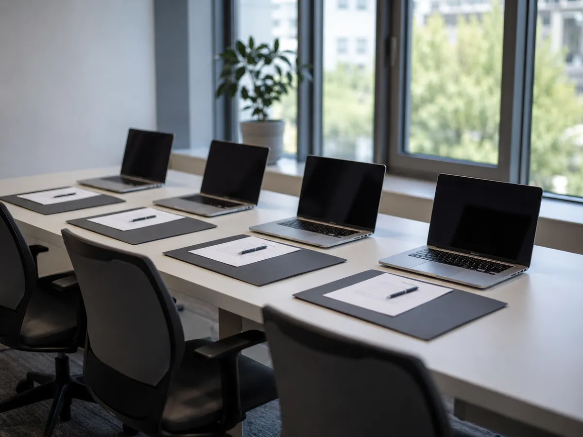 Vier identisch vorbereitete Arbeitsplätze für ein standardisiertes Onboarding
