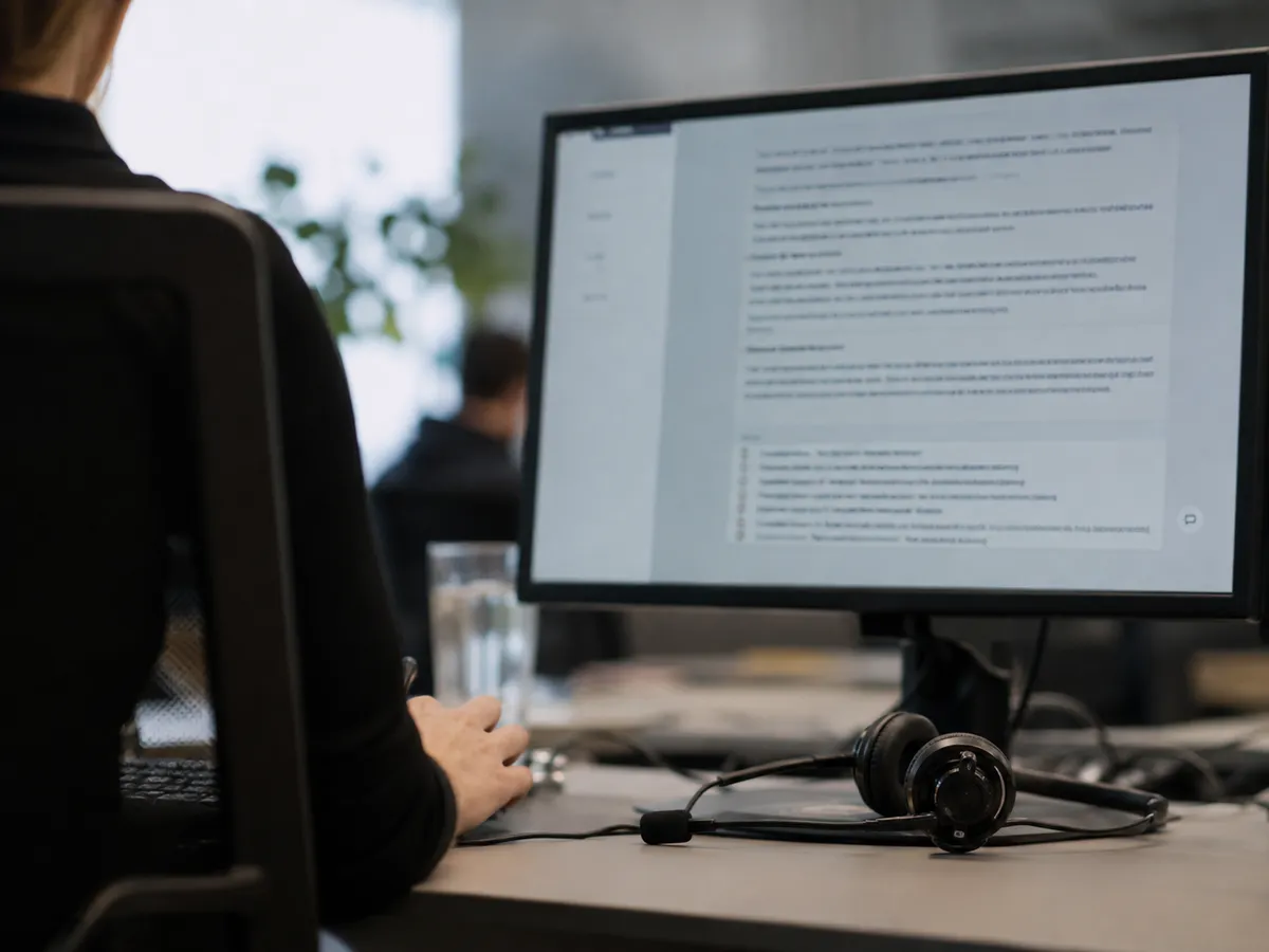Headset und Bildschirm mit einer fertigen Antwort samt Quellenangaben für Vertrieb und Support