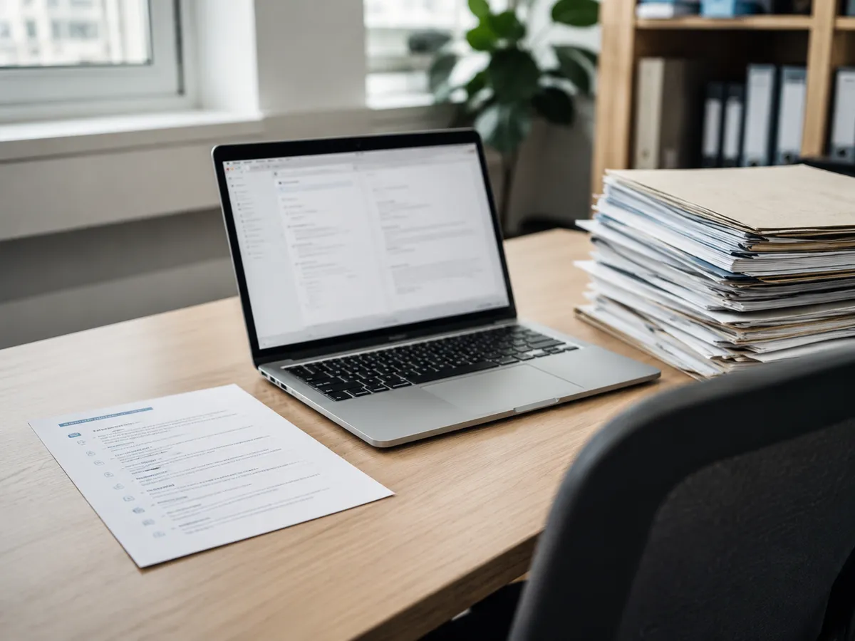 Neuer Arbeitsplatz mit Laptop und einseitiger Anleitung statt eines dicken Handbuchstapels